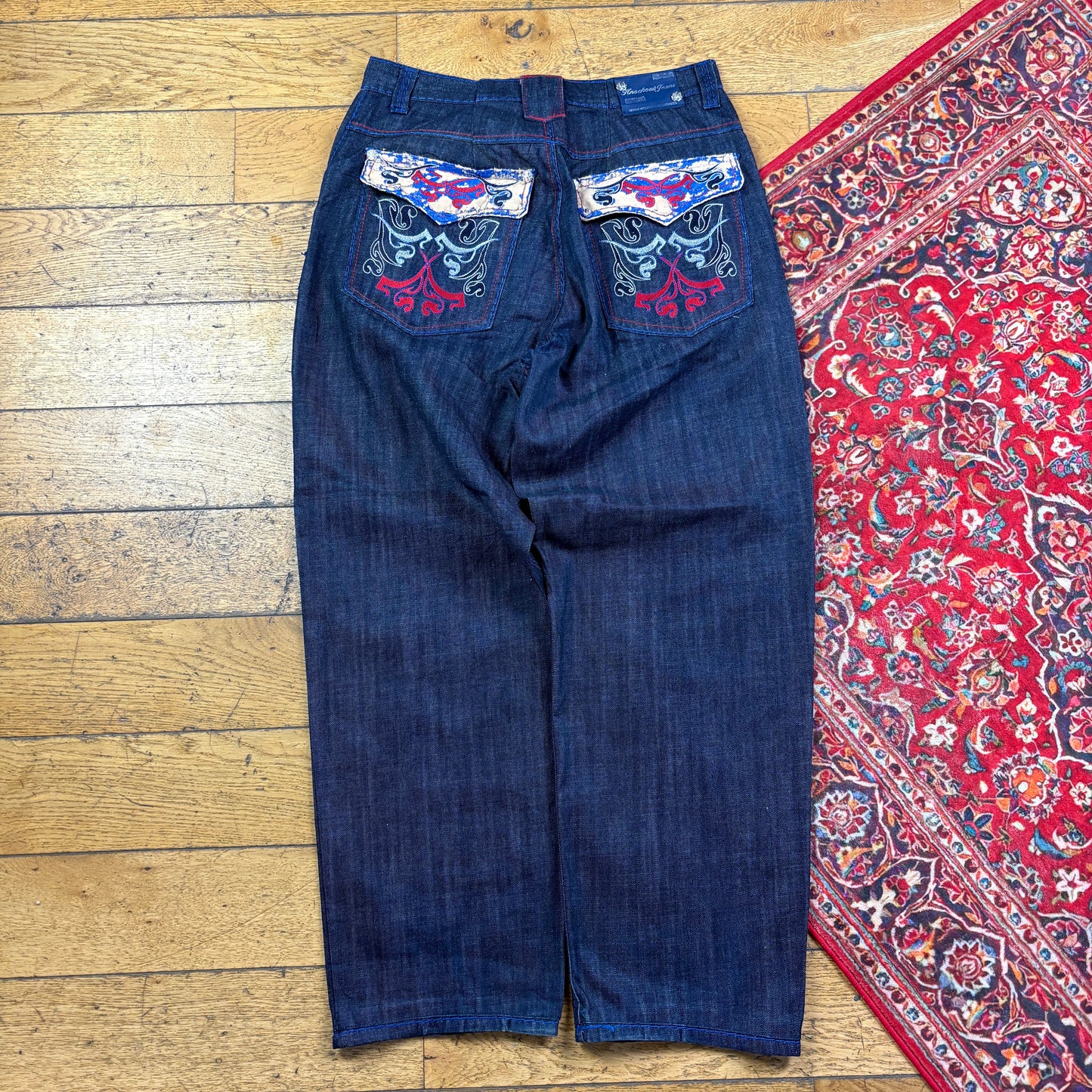 Vintage Blue Embroidered Y2K Hip Hop Baggy Jeans - 36