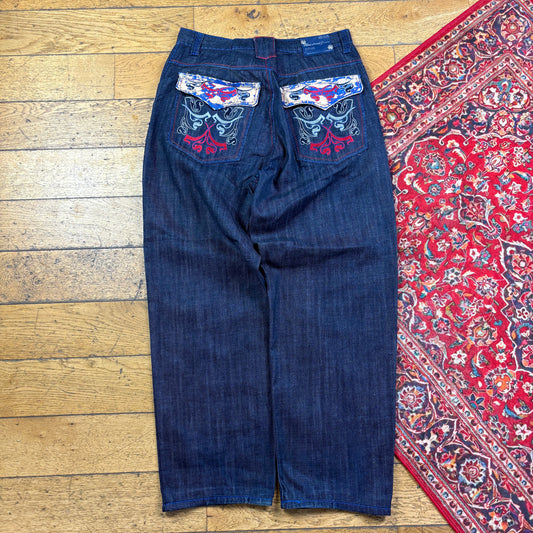 Vintage Blue Embroidered Y2K Hip Hop Baggy Jeans - 36