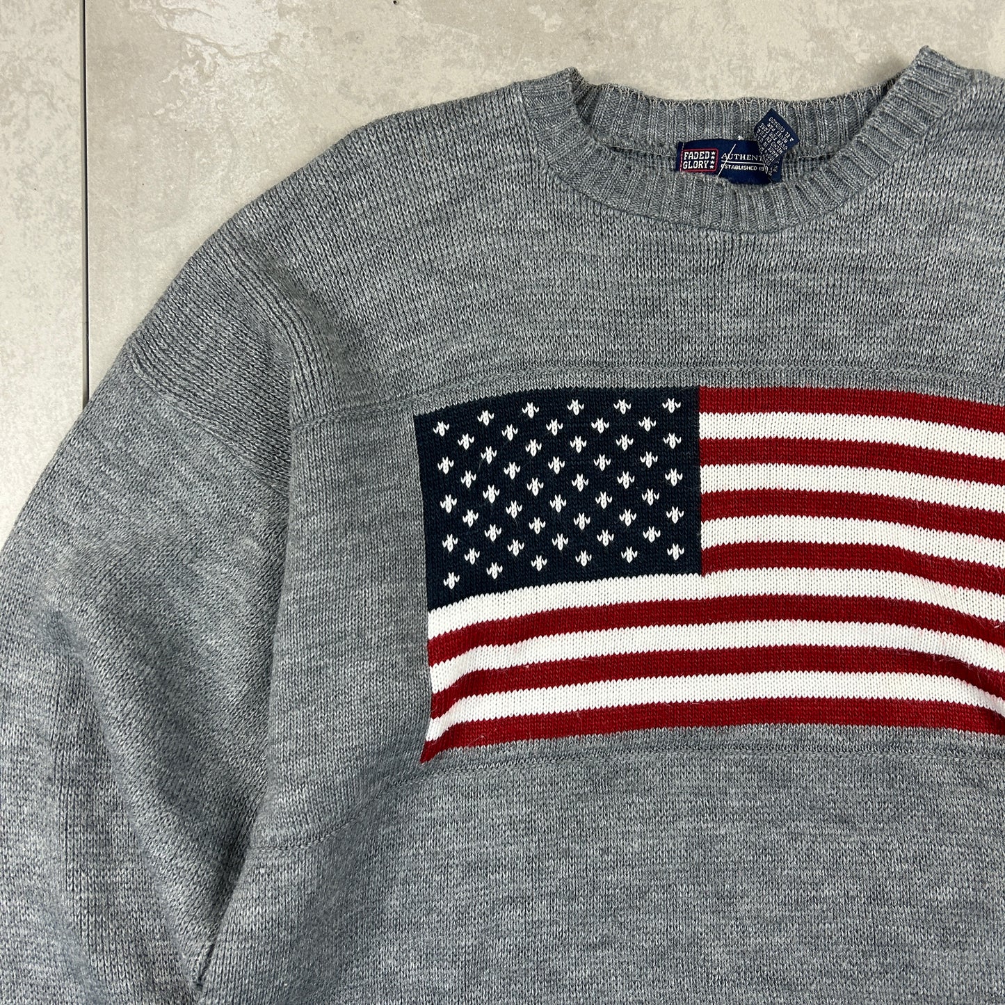 Vintage USA Flag Chunky Knit Grey Jumper - L