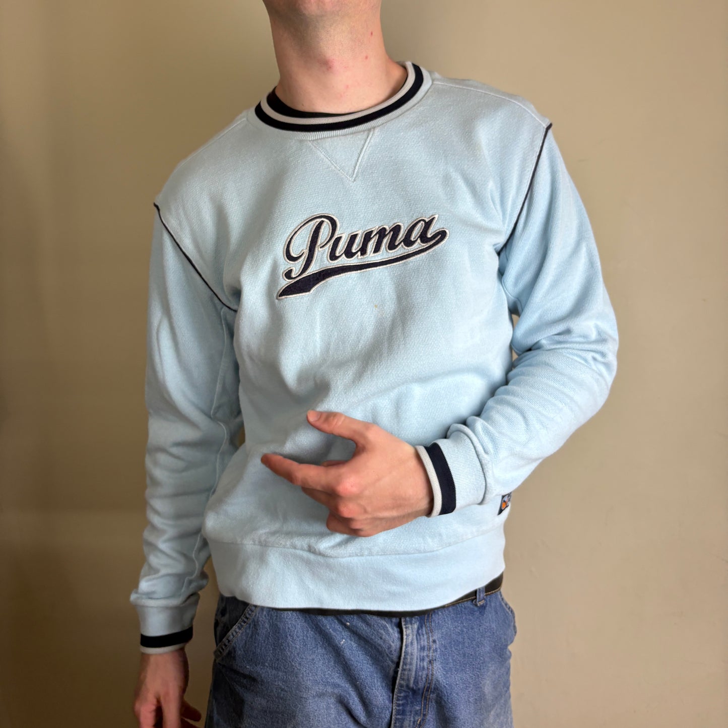 Vintage Puma Blue Ringer Y2K Embroidered Sweatshirt - M