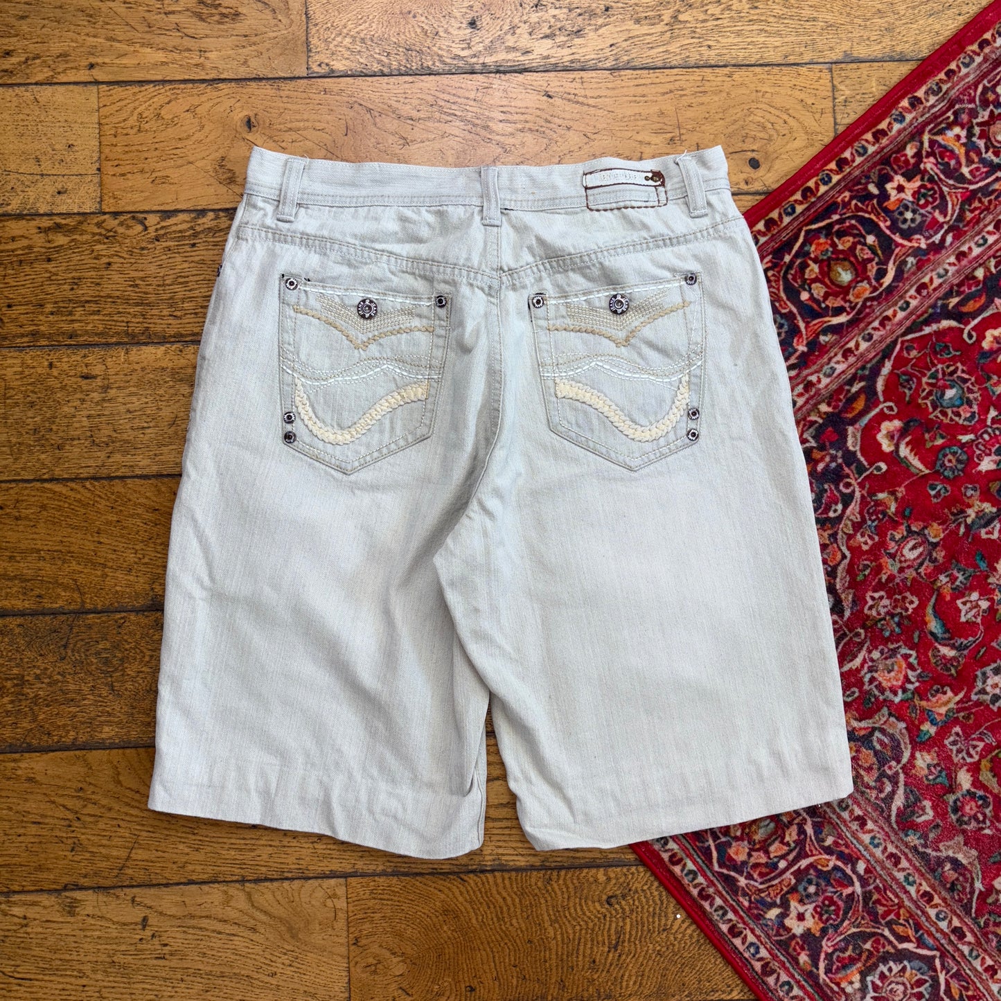 Vintage Embroidered Cream Hip Hop Baggy Shorts Jorts - 36