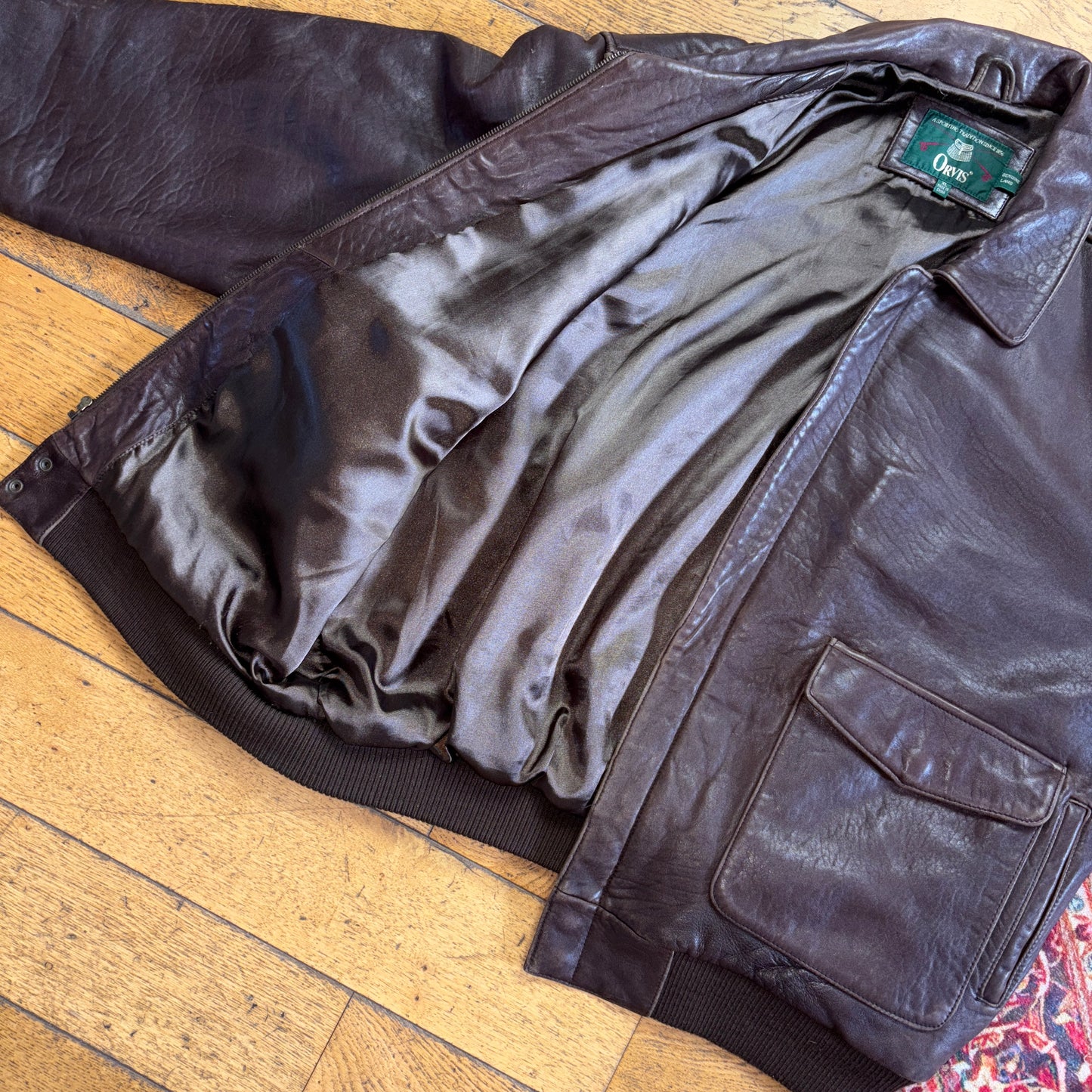 Vintage Orvis Brown Lamb Leather Bomber Aviator Jacket - XL