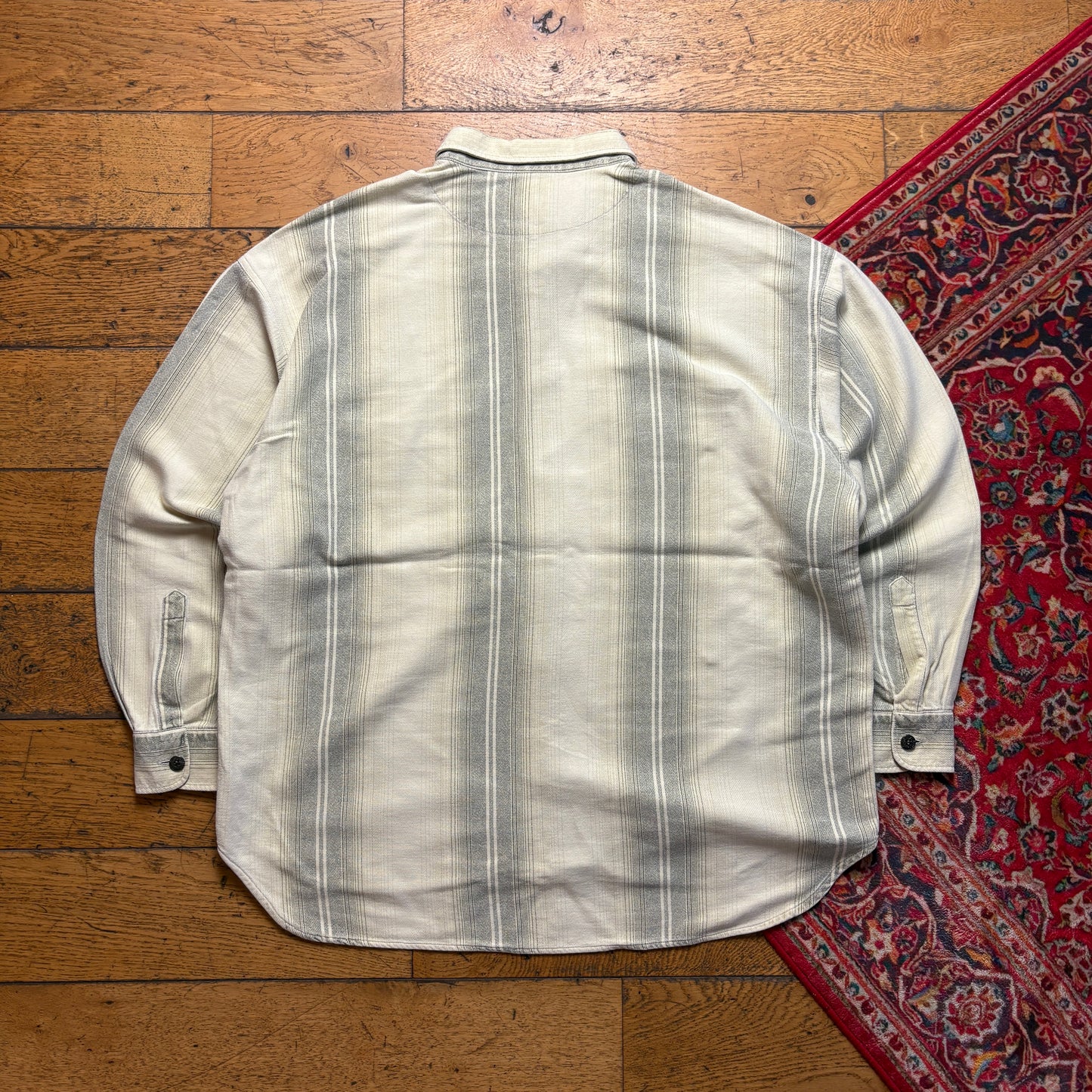 Vintage Soviet Cream Stripe Flannel Embroidered Shirt - XL