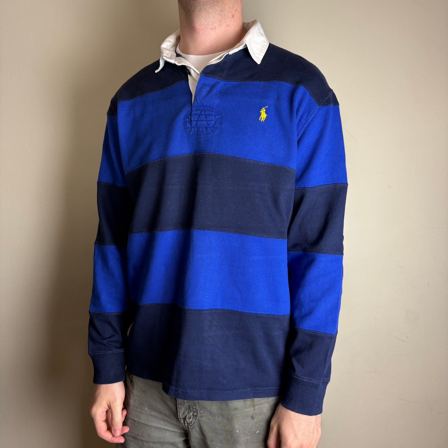 Vintage Ralph Lauren Blue Navy Stripe Rugby Polo Shirt - M