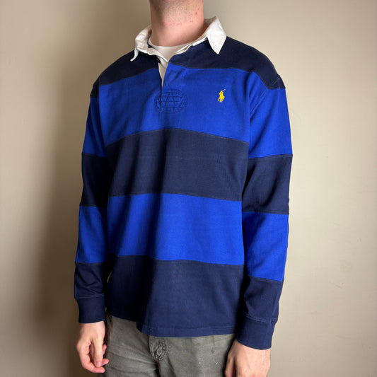 Vintage Ralph Lauren Blue Navy Stripe Rugby Polo Shirt - M