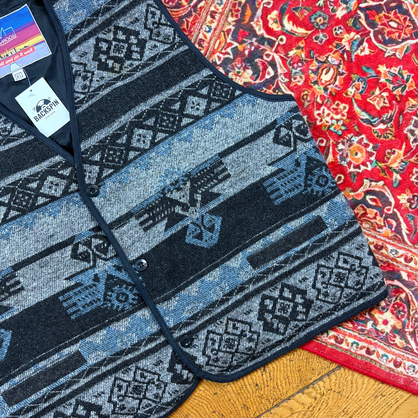 Vintage Knit Blue Patterned Waistcoat Vest Gilet - XL