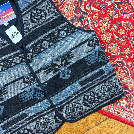 Vintage Knit Blue Patterned Waistcoat Vest Gilet - XL