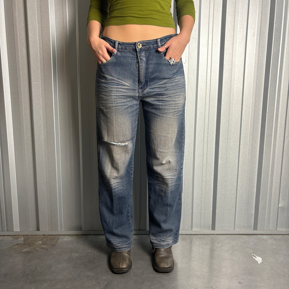 Embroidered Blue Cross Grunge Japanese Denim Hip Hop Y2K Baggy Jeans - 32S