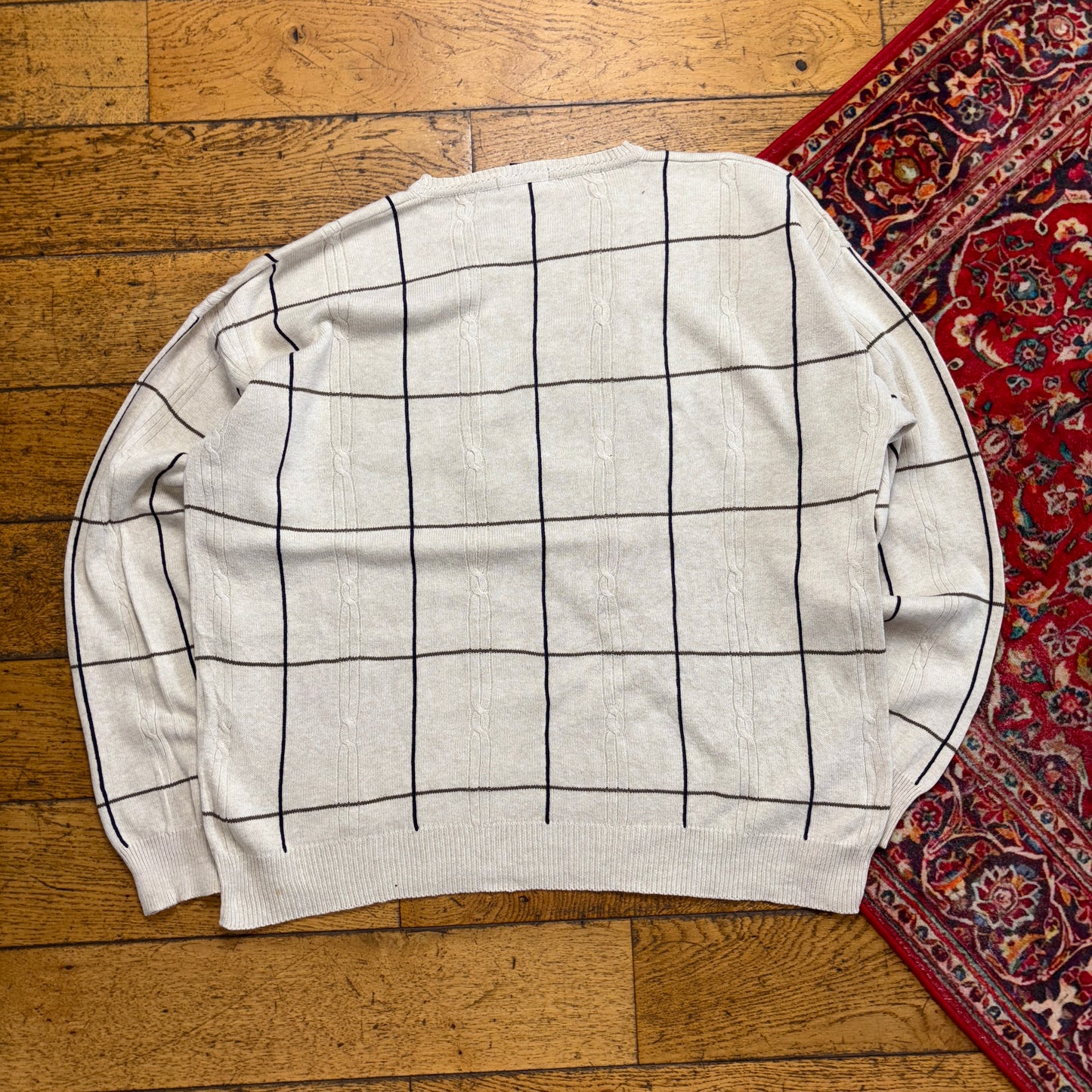 Vintage Nautica Cream Check Embroidered Knit Jumper - XL