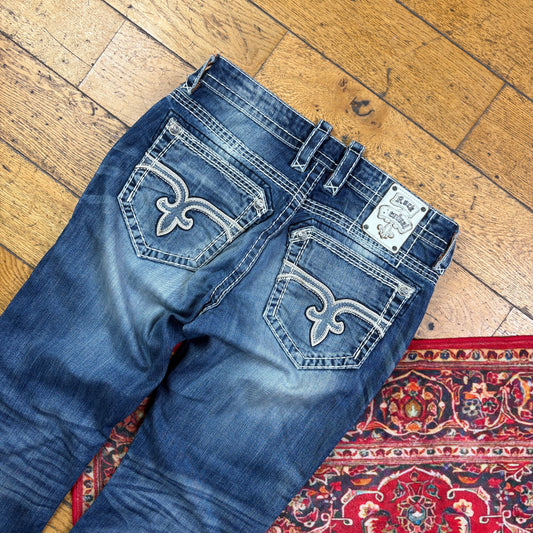 Vintage Rock Revival Blue Embroidered Y2K Hip Hop Straight Jeans - 38