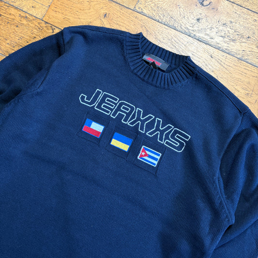 Vintage Navy Embroidered Flag Chunky Knit Jumper - L