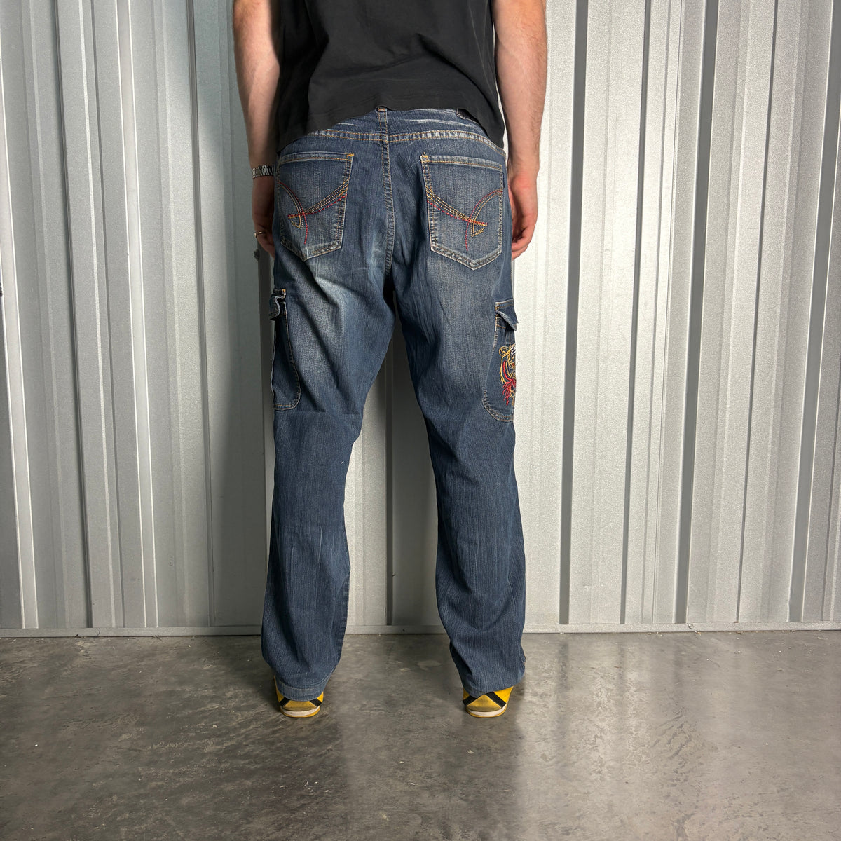 Embroidered Blue Tiger Cargo Japanese Denim Hip Hop Y2K Baggy Jeans - 36S