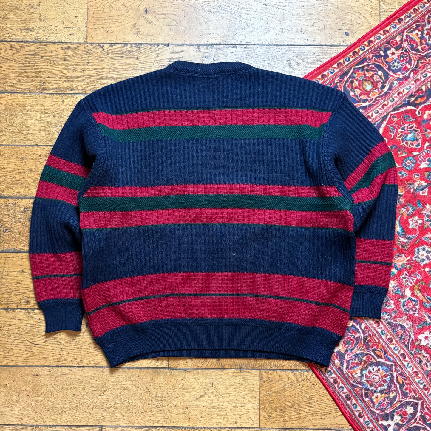 Vintage Navy Embroidered Stripe Chunky Knit Jumper - 2XL
