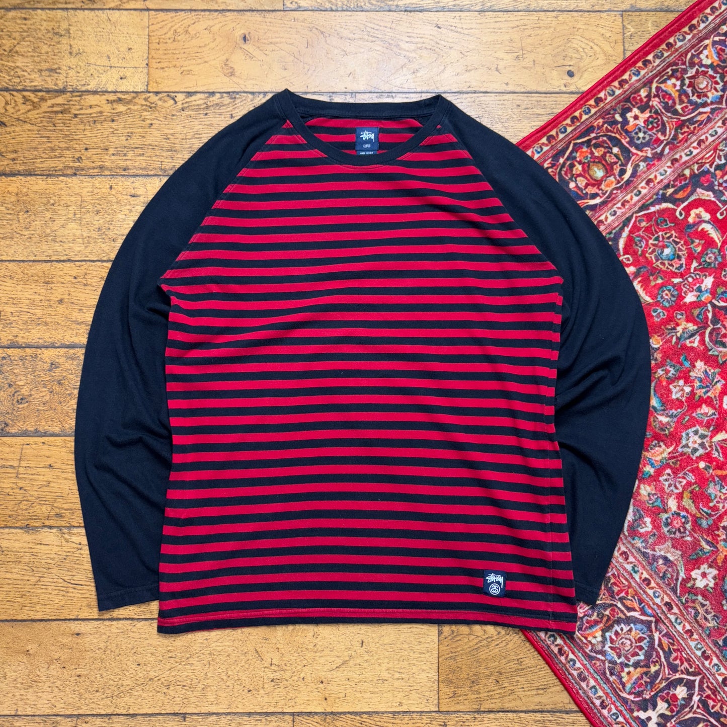 Vintage Stussy Red Black Stripe Long Sleeve Graphic T-Shirt - L