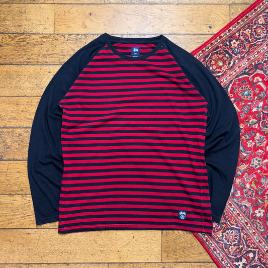 Vintage Stussy Red Black Stripe Long Sleeve Graphic T-Shirt - L