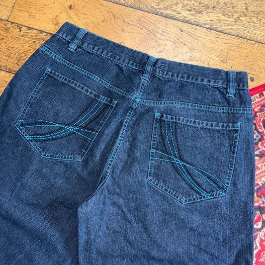 Vintage Qruel Navy Embroidered Y2K Hip Hop Baggy Jeans Shorts Jorts - 38