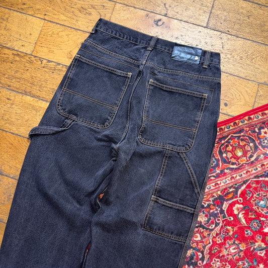 Vintage Black Embroidered Y2K Hip Hop Baggy Jeans - 32S
