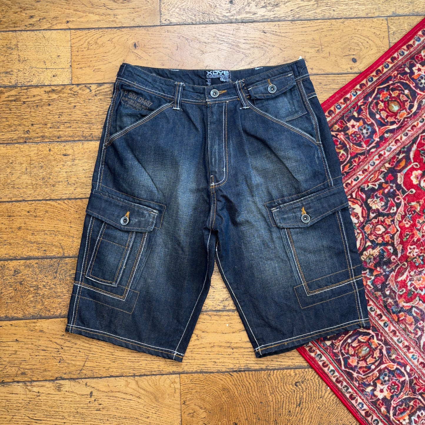 Vintage Embroidered Hip Hop Cargo Navy Baggy Shorts Jorts - 32