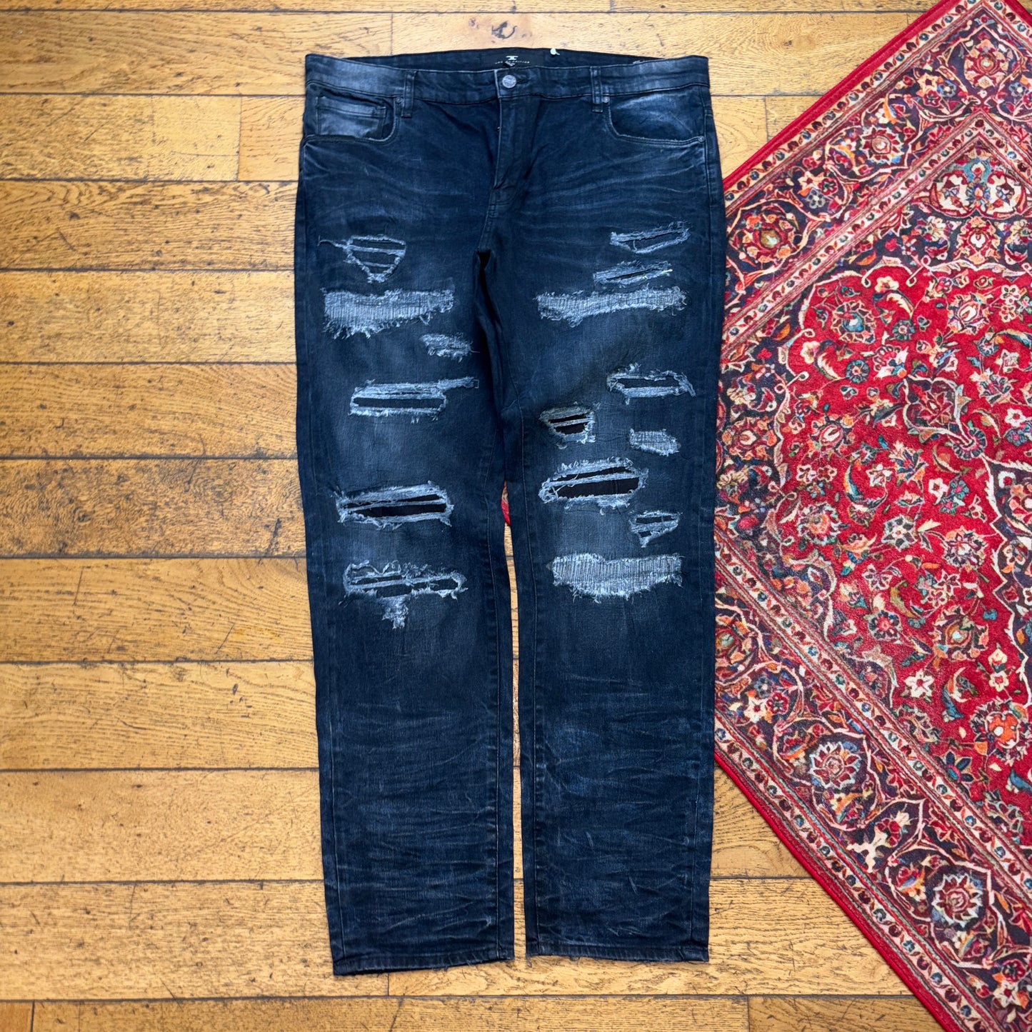 Vintage Navy Grunge Distressed Y2K Hip Hop Straight Jeans - 42L