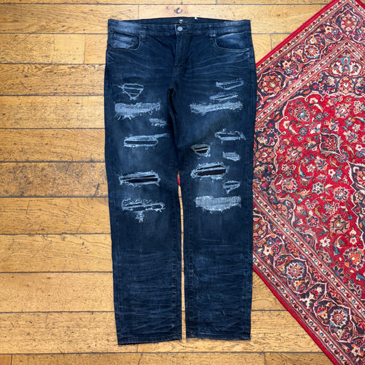 Vintage Navy Grunge Distressed Y2K Hip Hop Straight Jeans - 42L