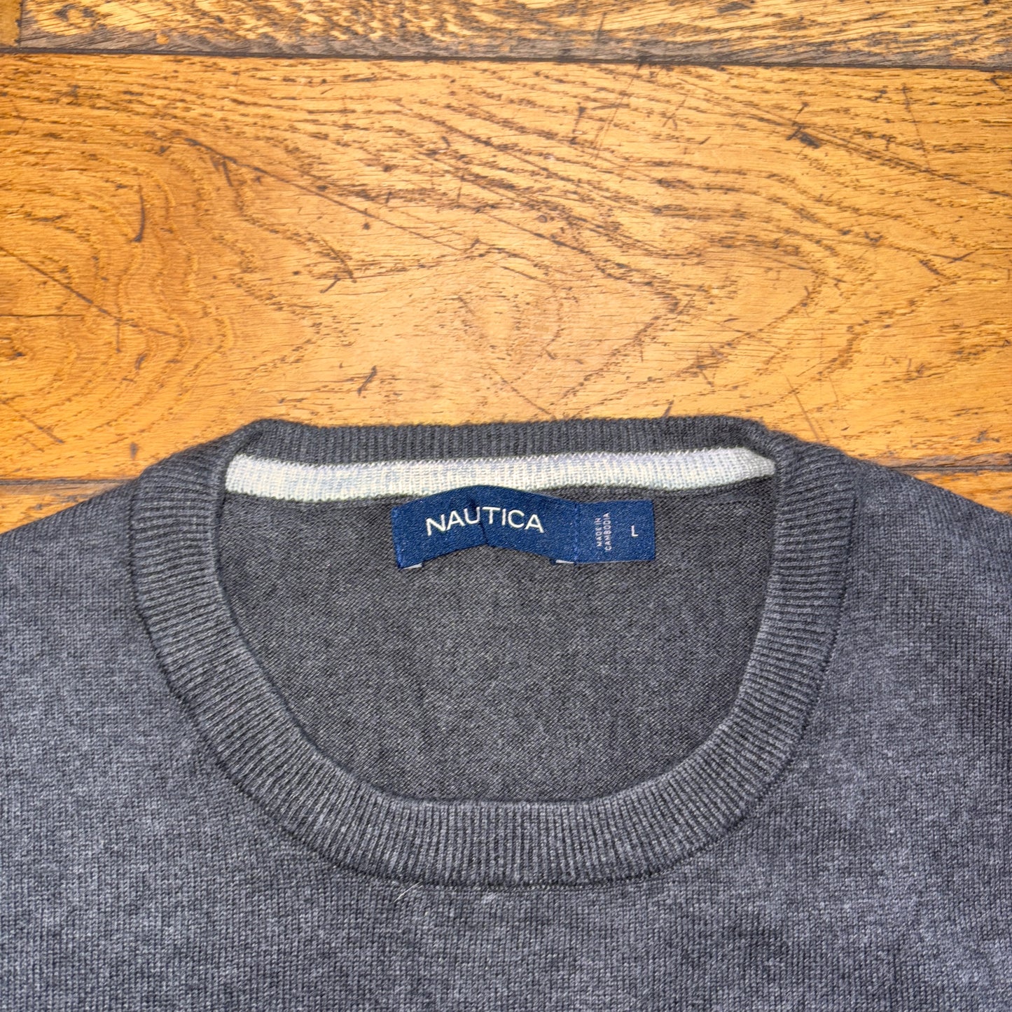 Vintage Nautica Black Grey Stripe Embroidered Knit Jumper - L