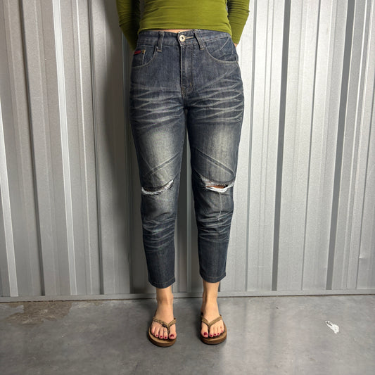 Embroidered Blue Capri Japanese Denim Hip Hop Y2K Jeans - 28