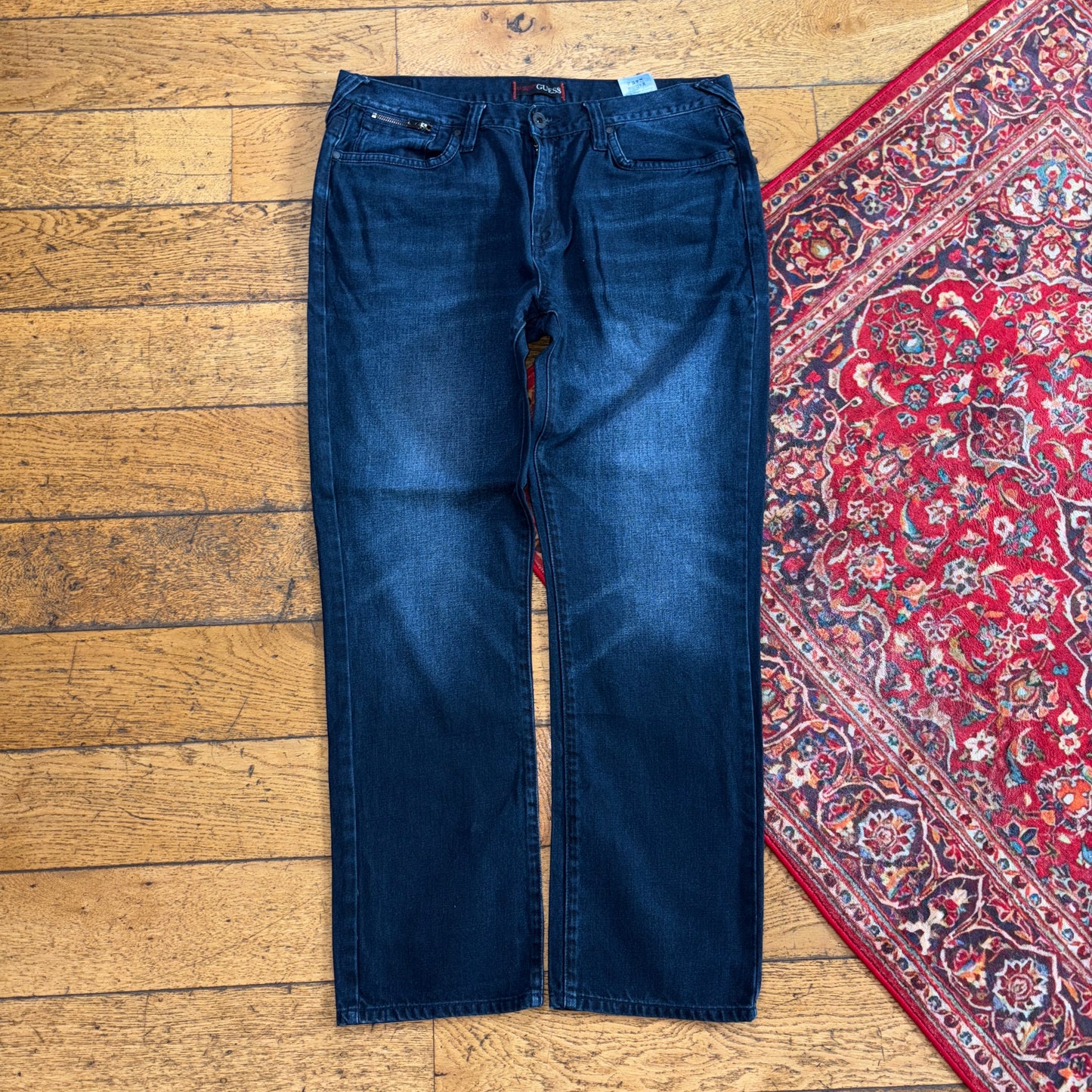 Vintage Guess Navy Blue Embroidered Y2K Hip Hop Straight Jeans - 36R