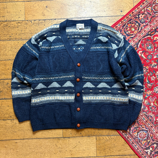 Vintage Navy Pattern Wool Chunky Knit Cardigan Jumper - XL