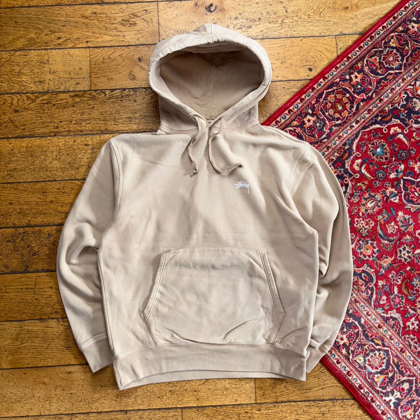 Vintage Stussy Brown Cream Embroidered Hoodie Sweatshirt - L