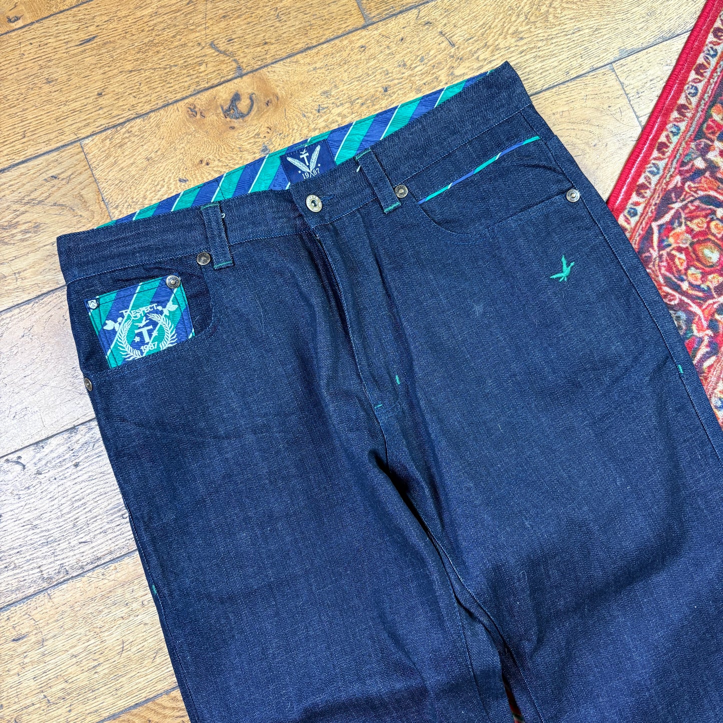 Vintage Raw Denim Blue Embroidered Y2K Hip Hop Baggy Jeans - 36