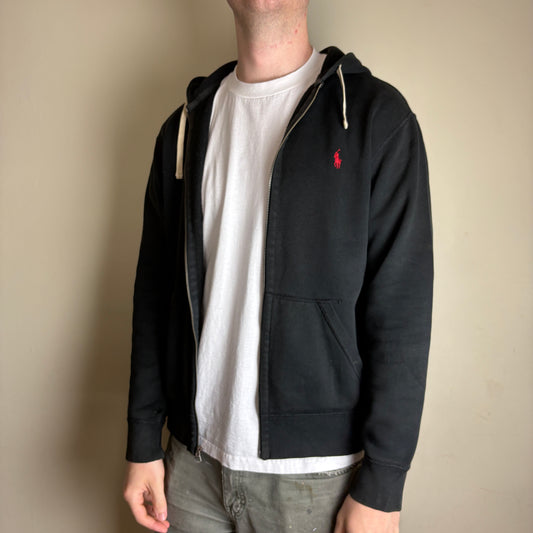 Vintage Ralph Lauren Black Zip Hoodie Embroidered Sweatshirt - M