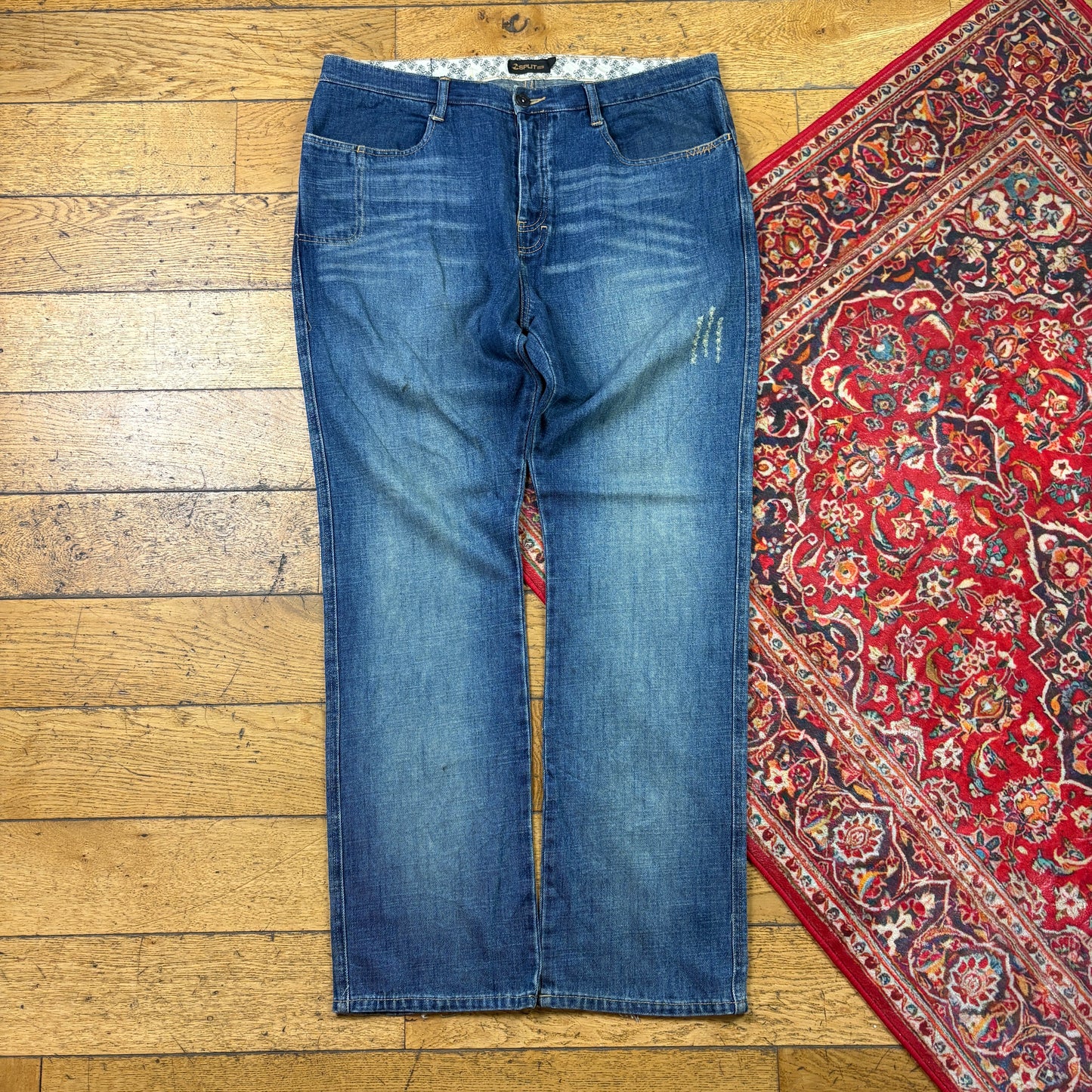 Vintage Split Blue Embroidered Y2K Hip Hop Straight Jeans - 40