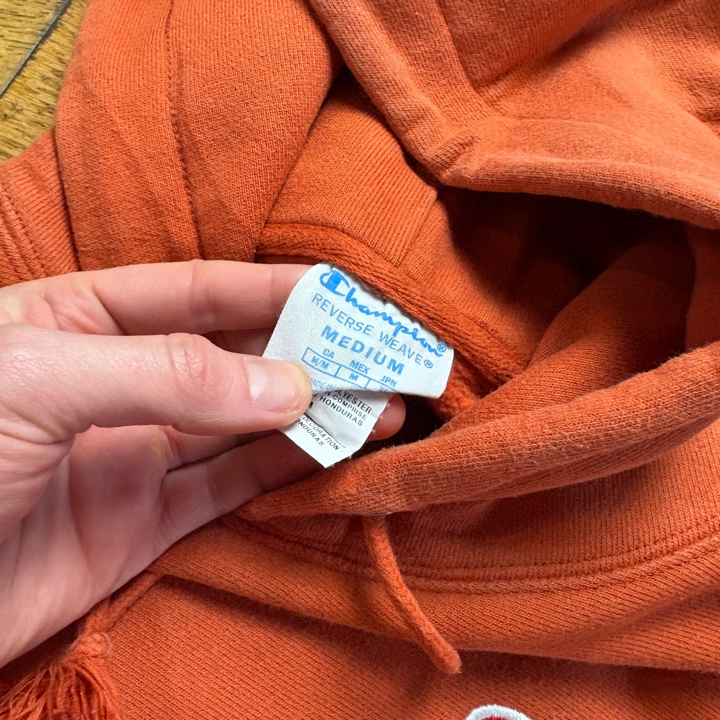 Vintage Champion Orange Embroidered Hoodie Sweatshirt - M