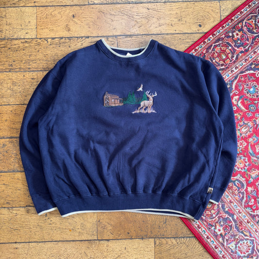 Vintage 90s Navy Hunting Nature Embroidered Sweatshirt - XL