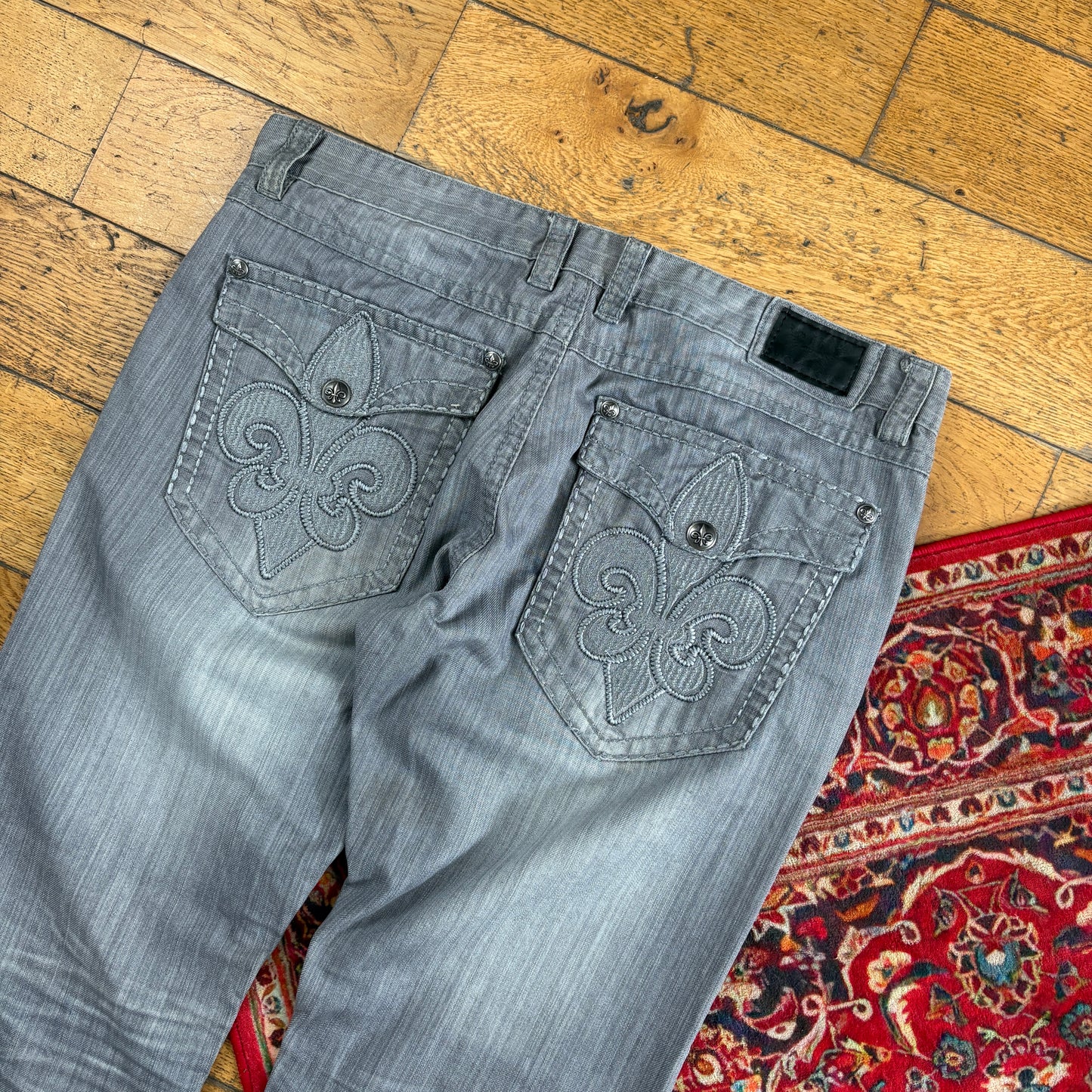 Vintage Grey Embroidered Y2K Hip Hop Baggy Jeans - 38