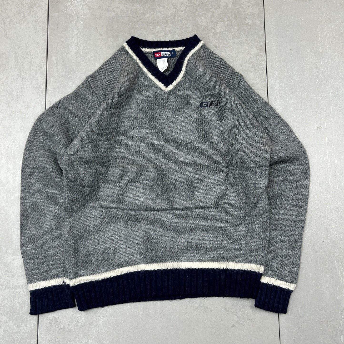 Vintage Diesel Grey Embroidered Chunky Knit Jumper - L