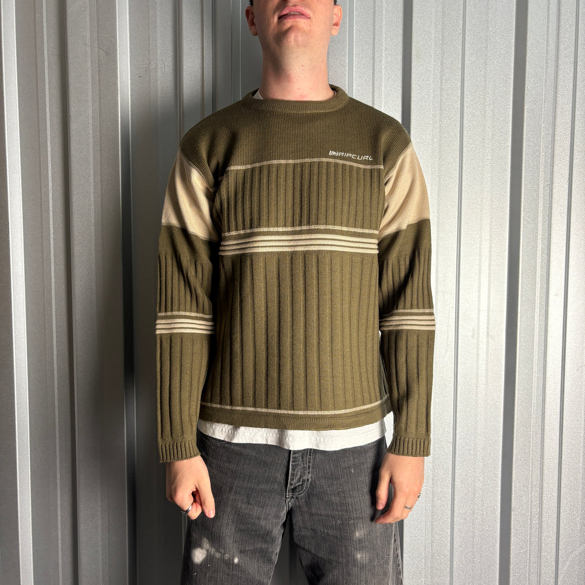 Vintage Rip Curl Green Wool Blend Surfwear Stripe Chunky Knit Jumper - S