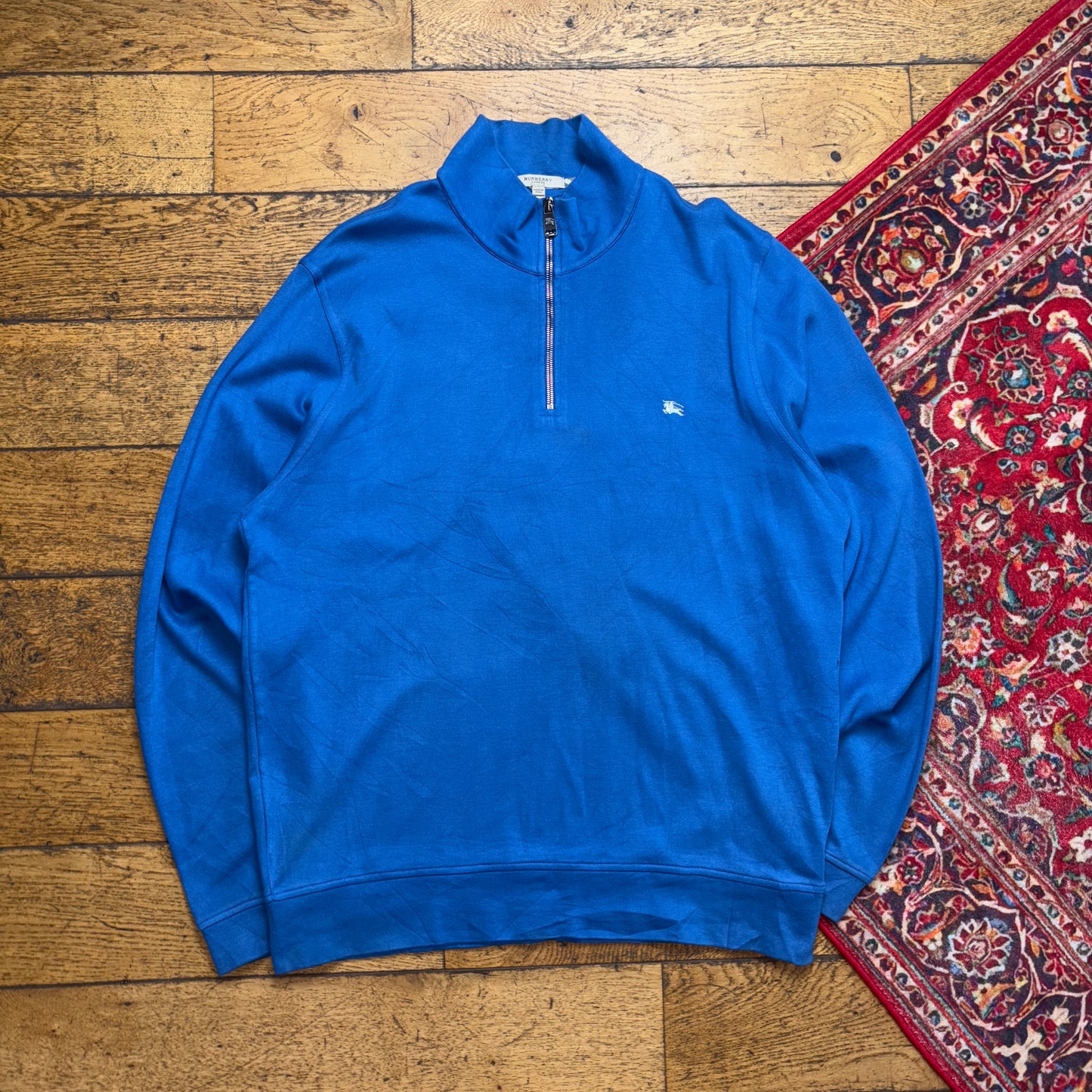Vintage Burberry Blue Embroidered Quarter Zip Sweatshirt - XL
