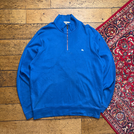 Vintage Burberry Blue Embroidered Quarter Zip Sweatshirt - XL