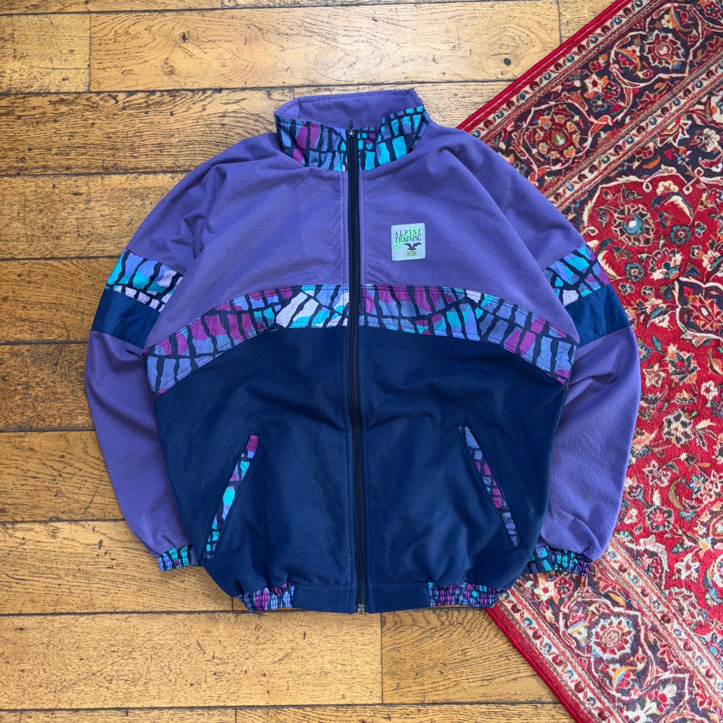 Vintage 90s Purple Crazy Funky Pattern Fleece Embroidered Sweatshirt - XL