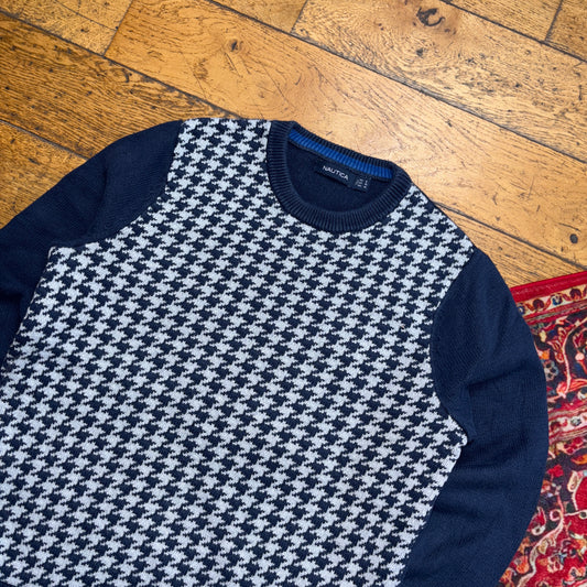 Vintage Nautica Navy Funky Check Embroidered Knit Jumper - S