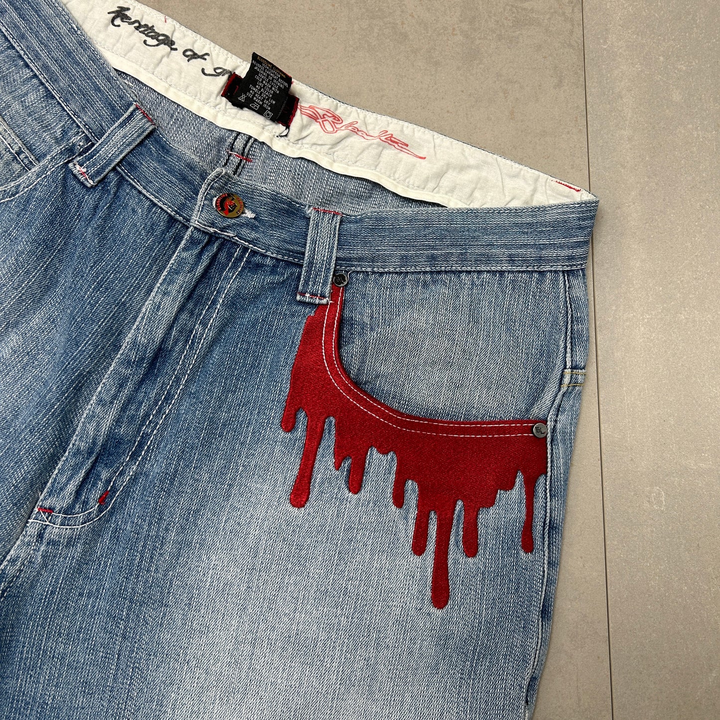 Vintage Bloodline Embroidered Hip Hop Baggy Blue Shorts Jorts - 36