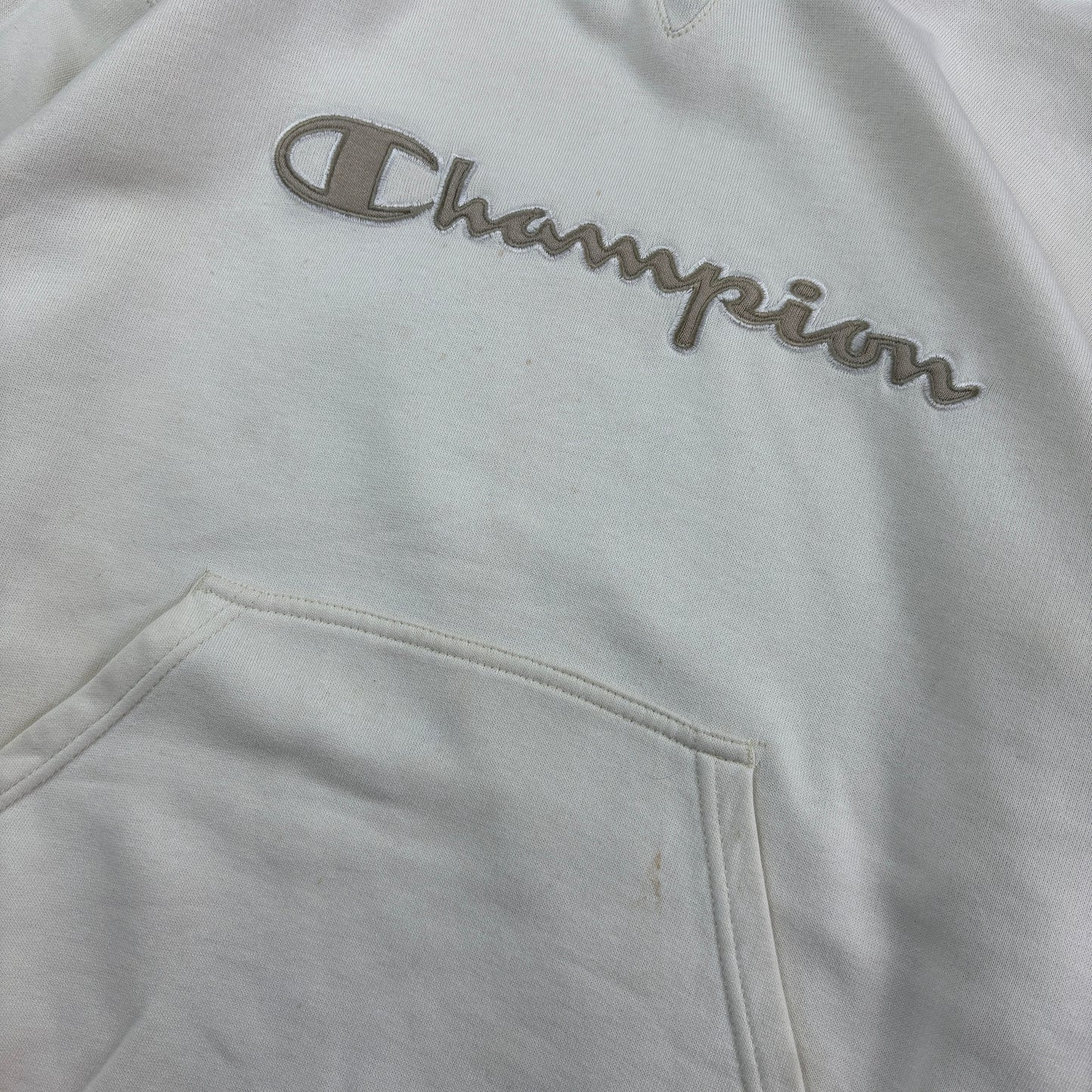 Vintage Champion Cream White Embroidered Hoodie Sweatshirt - M