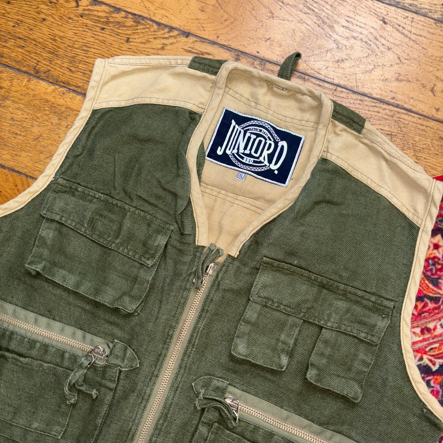 Vintage Juniord Green Cream Cropped Gilet Fishing Vest - XL