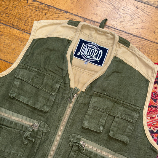 Vintage Juniord Green Cream Cropped Gilet Fishing Vest - XL