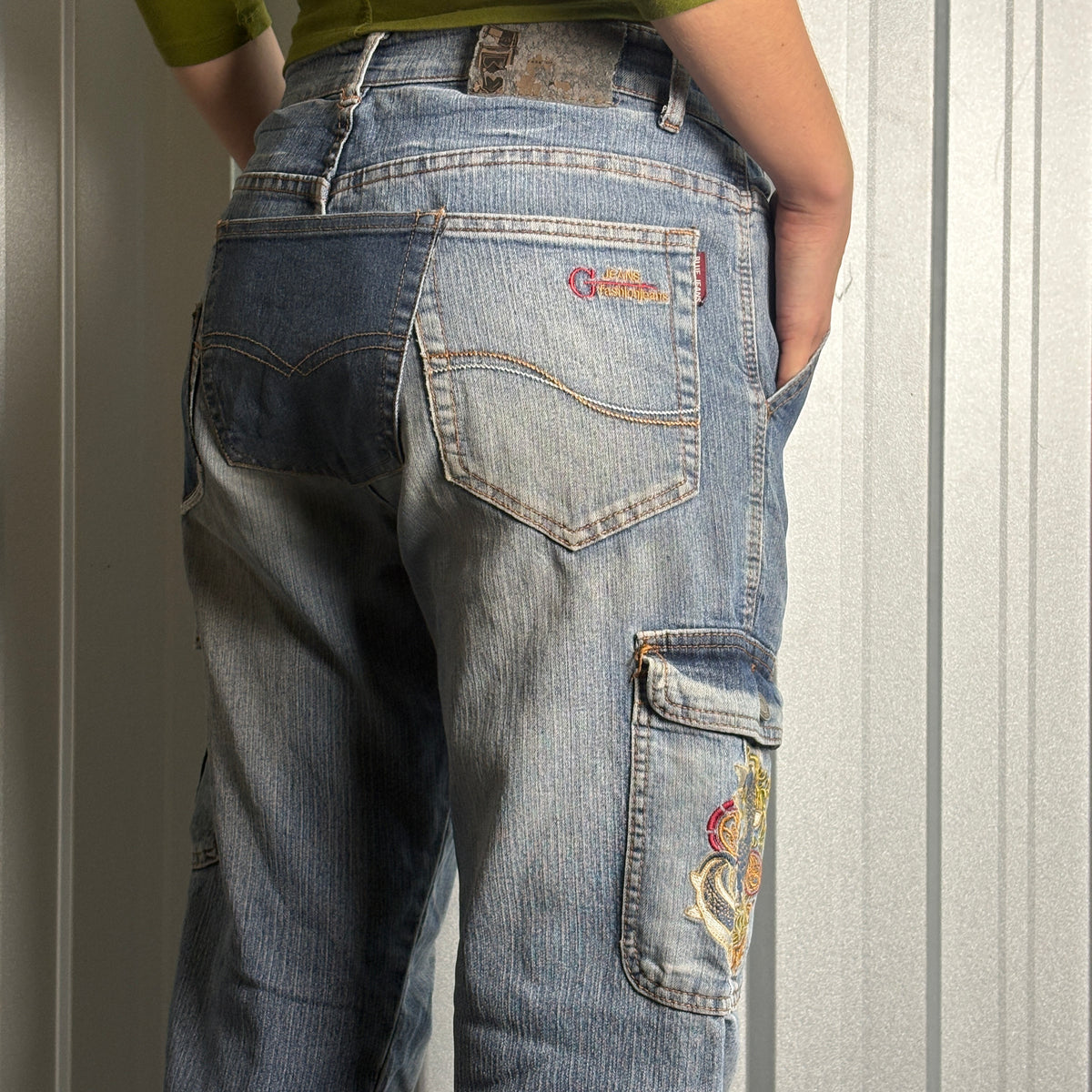 Embroidered Koi Fish Blue Cargo Japanese Denim Hip Hop Y2K Baggy Jeans - 30S