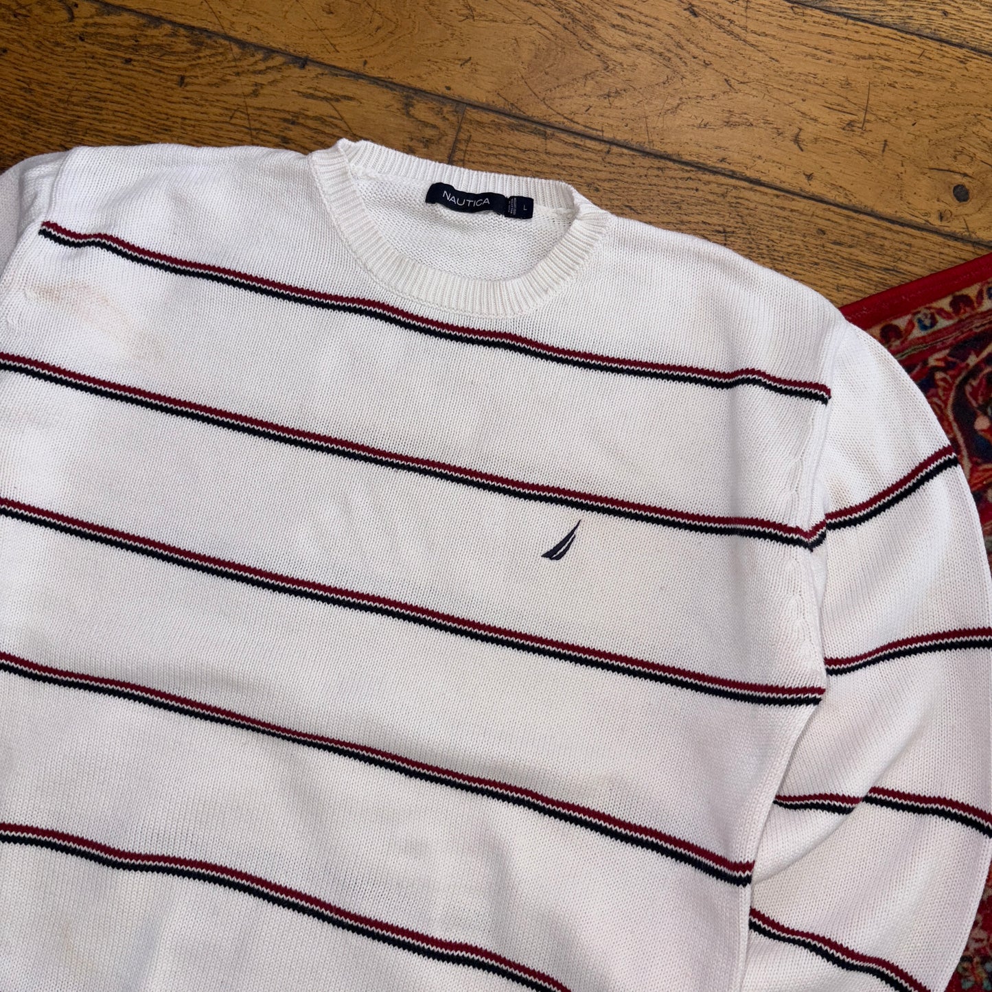 Vintage Nautica White Stripe Embroidered Knit Jumper - L