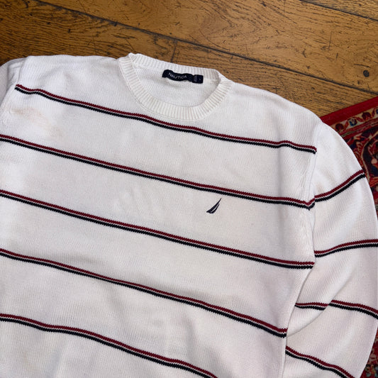Vintage Nautica White Stripe Embroidered Knit Jumper - L