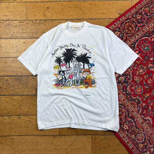Vintage 90s Cats Funny White Single Stitch Graphic T-Shirt - S