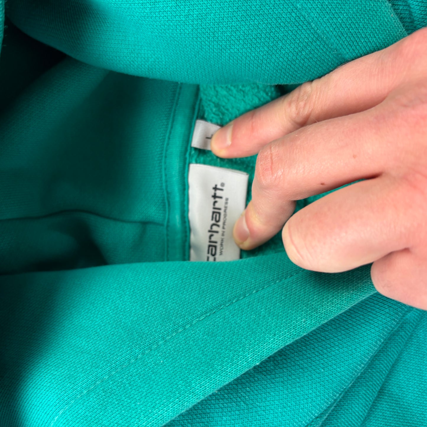 Vintage Blue Green Carhartt WIP Embroidered Hoodie Sweatshirt - L